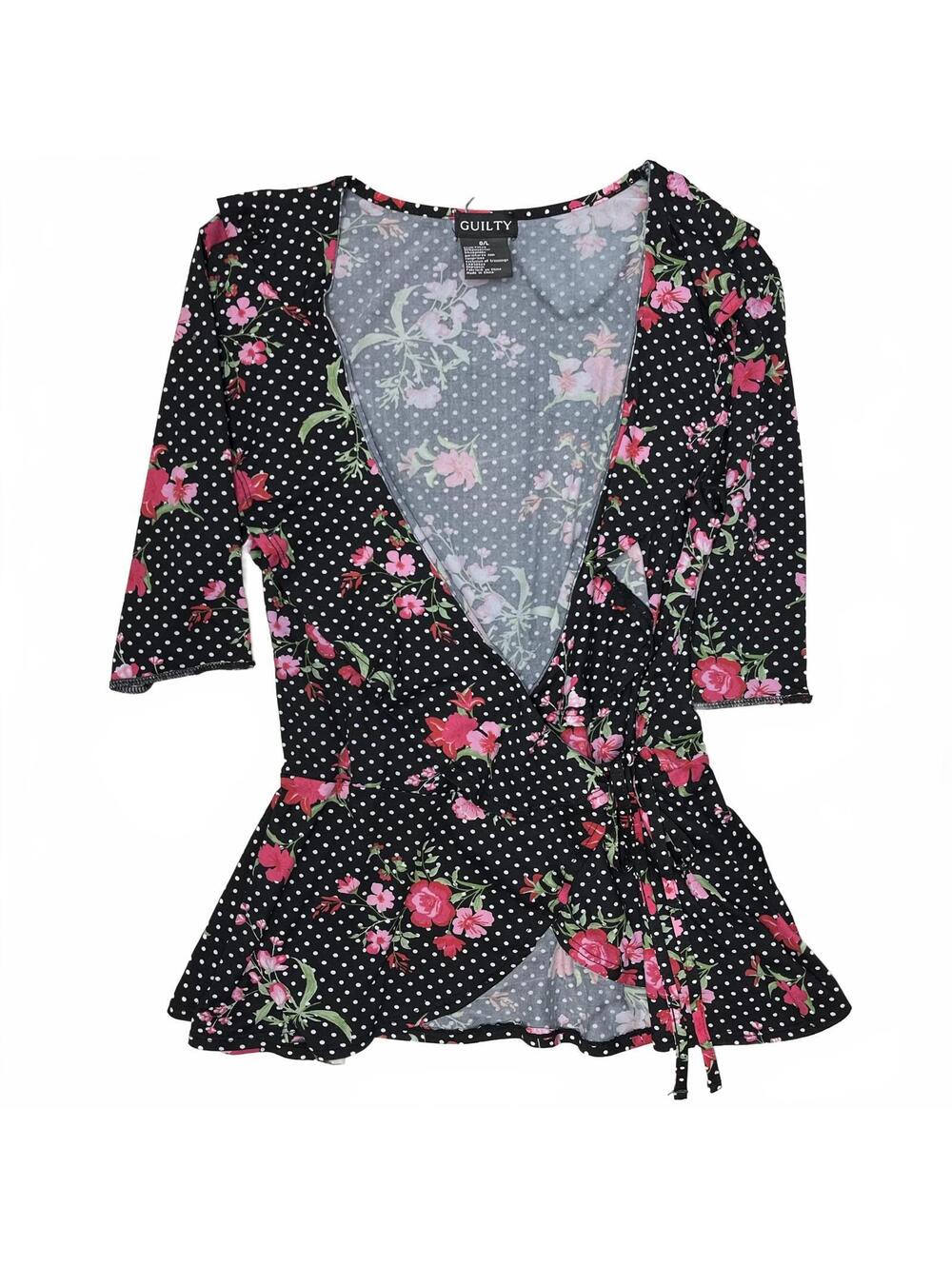 Guilty Sz L Black & White Polka Dot Tie Wrap Top With Pink Floral Pattern